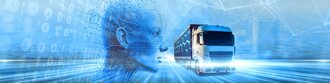 Digital visualisierte Logistik: KI-gestütztes Profil trifft auf fahrenden LKW als Symbol für vernetzte Transportprozesse und datenbasierte Steuerung