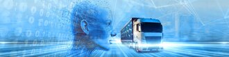 Digital visualisierte Logistik: KI-gestütztes Profil trifft auf fahrenden LKW als Symbol für vernetzte Transportprozesse und datenbasierte Steuerung